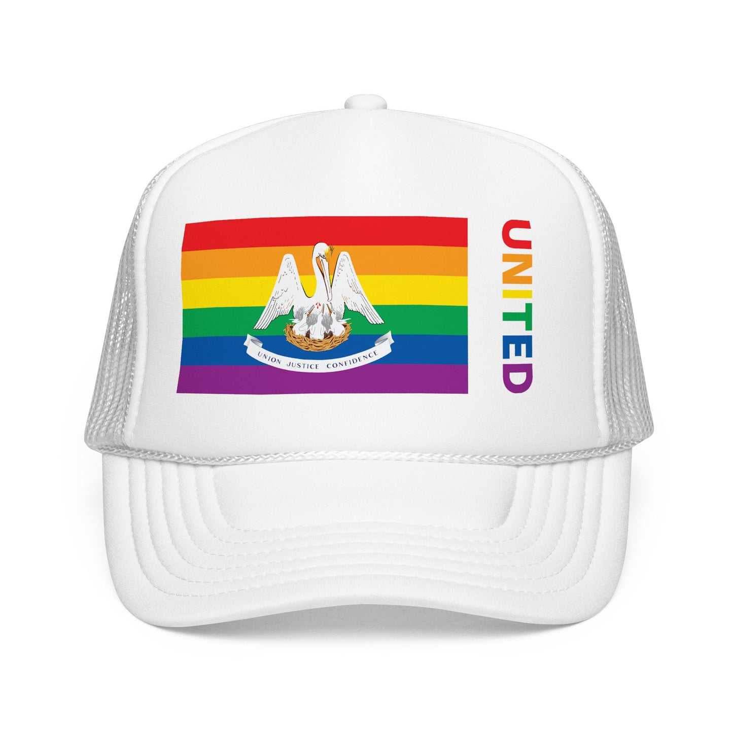 Louisiana Rainbow Pride Flag "UNITED" Printed Foam Trucker Hat, Several Color Options