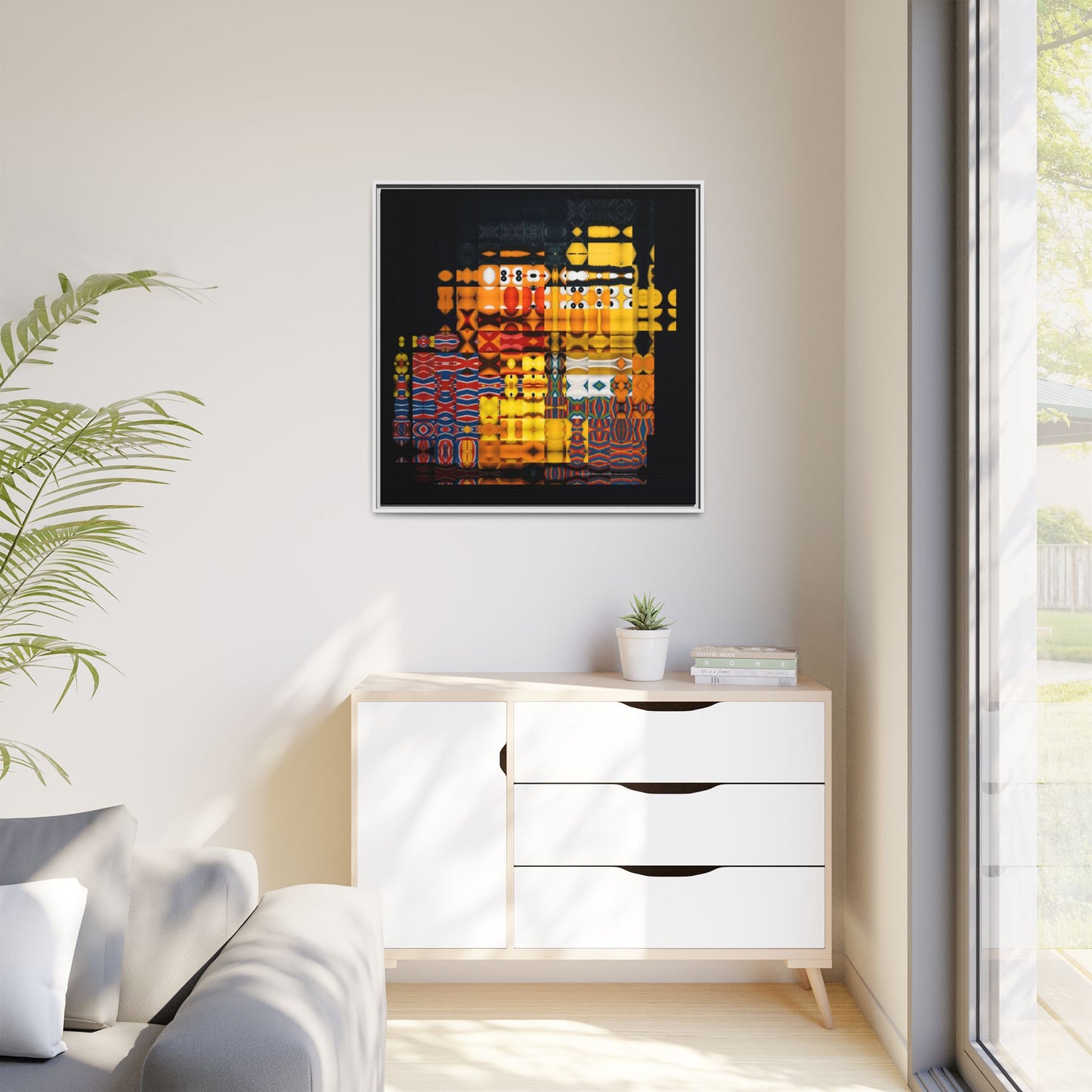 Iconic Domestic Partners in Plain Sight: Bert, Ernie, and Rubber Ducky Abstract Portrait Collage Art — Matte Canvas, Framed (Multi-color options)