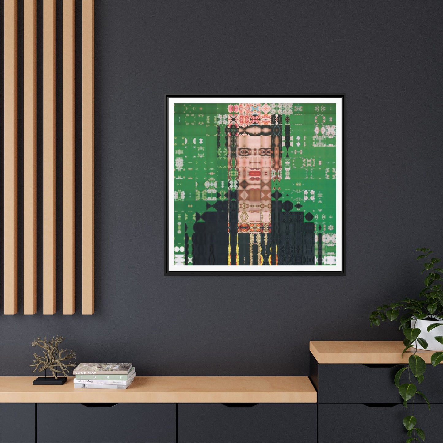 Iconic Feminist Artist Frida Kahlo 1, Abstract Portrait Collage Art — Matte Canvas, Framed (Multi-color options)