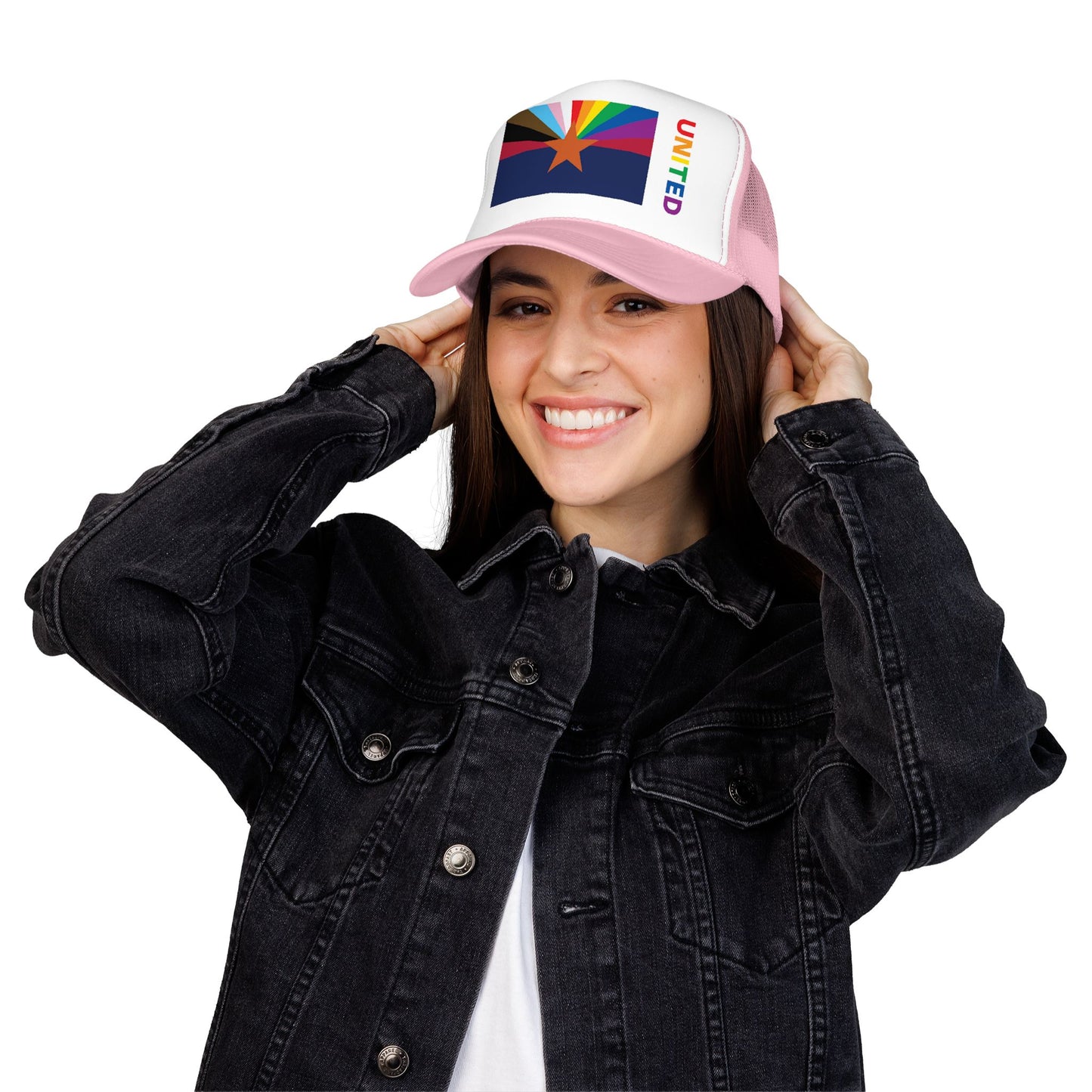 Arizona Rainbow Pride Flag "UNITED" Printed Foam Trucker Hat, Several Color Options