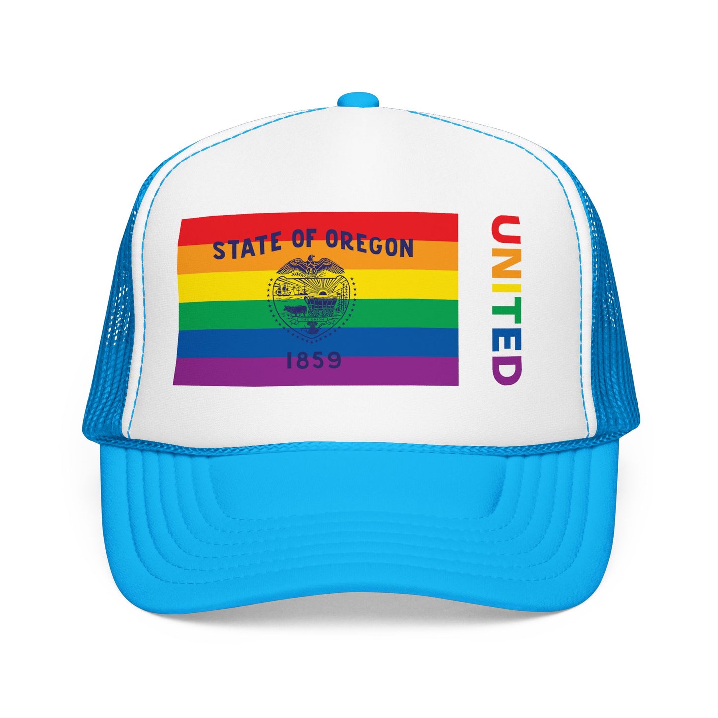 Oregon Rainbow Pride Flag "UNITED" Printed Foam Trucker Hat, Several Color Options