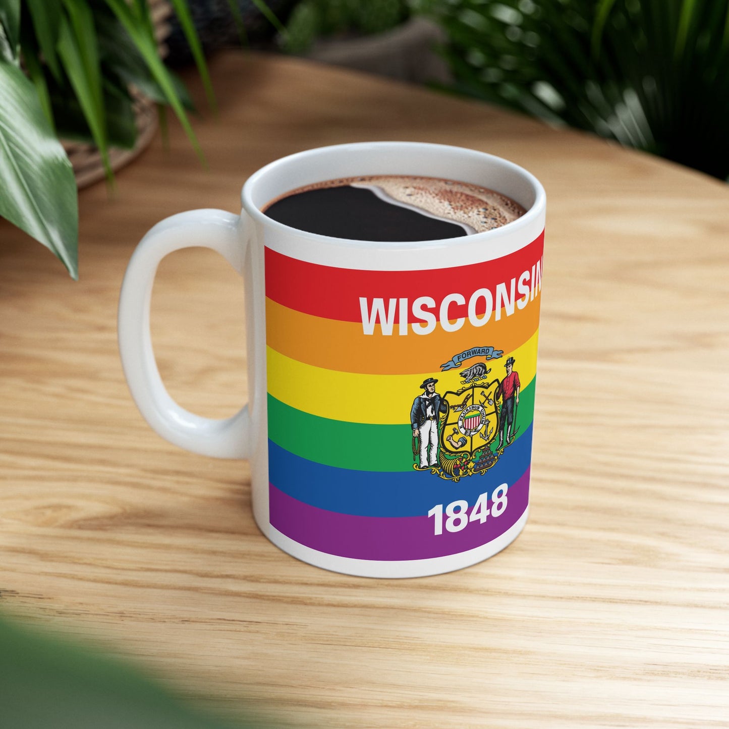 Wisconsin Rainbow Pride Flag "UNITED" Ceramic Mug