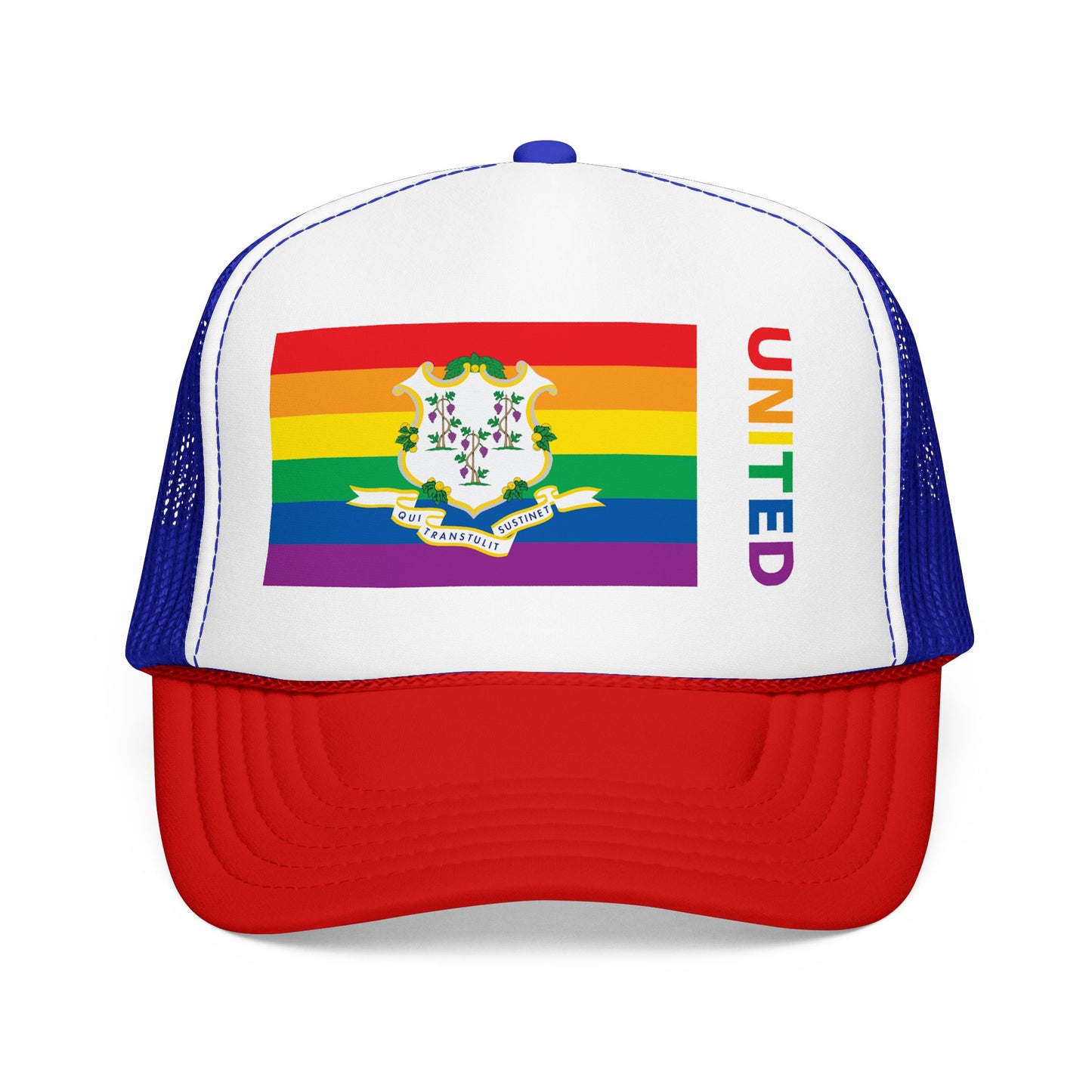 Connecticut Rainbow Pride Flag "UNITED" Printed Foam Trucker Hat, Several Color Options