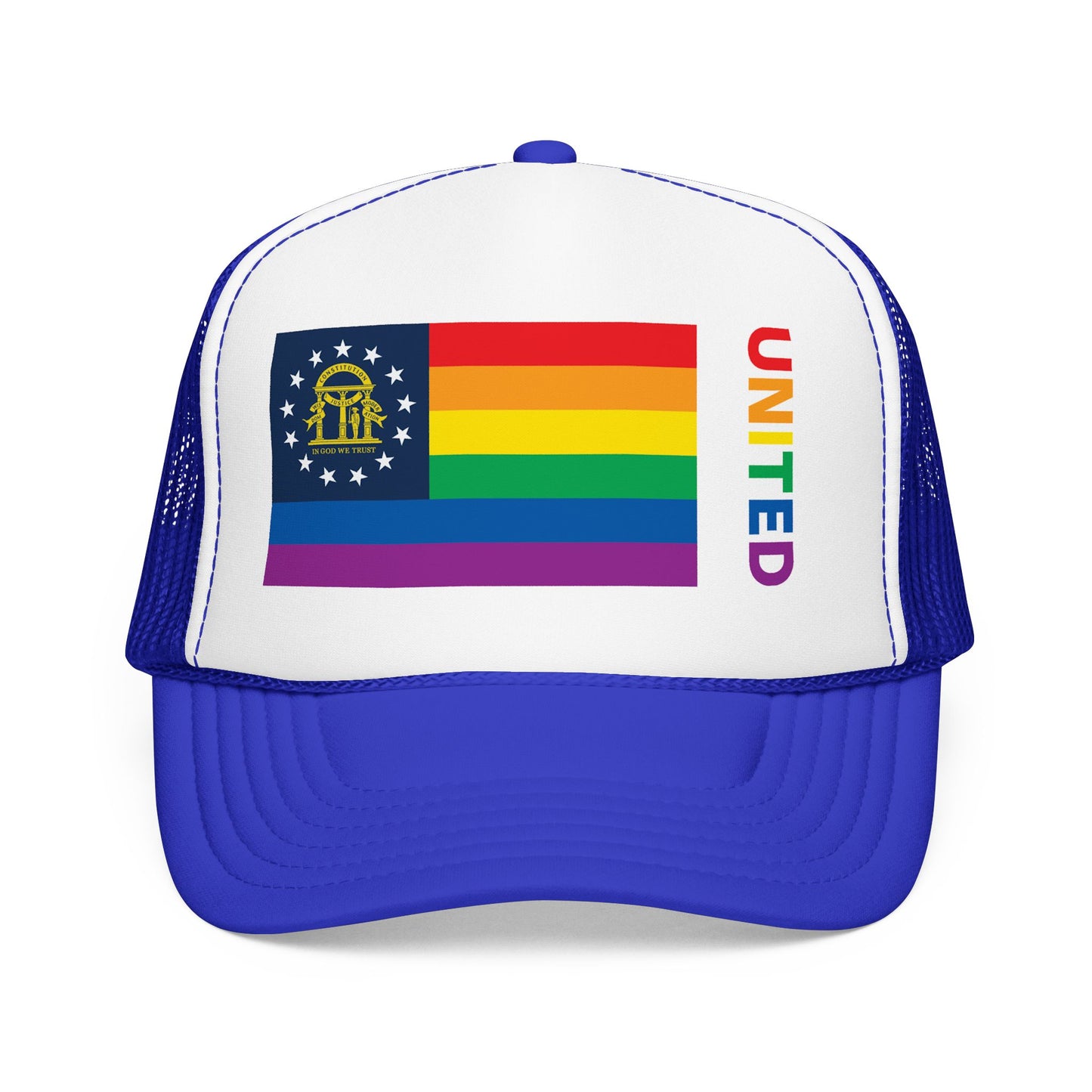 Georgia Rainbow Pride Flag "UNITED" Printed Foam Trucker Hat, Several Color Options
