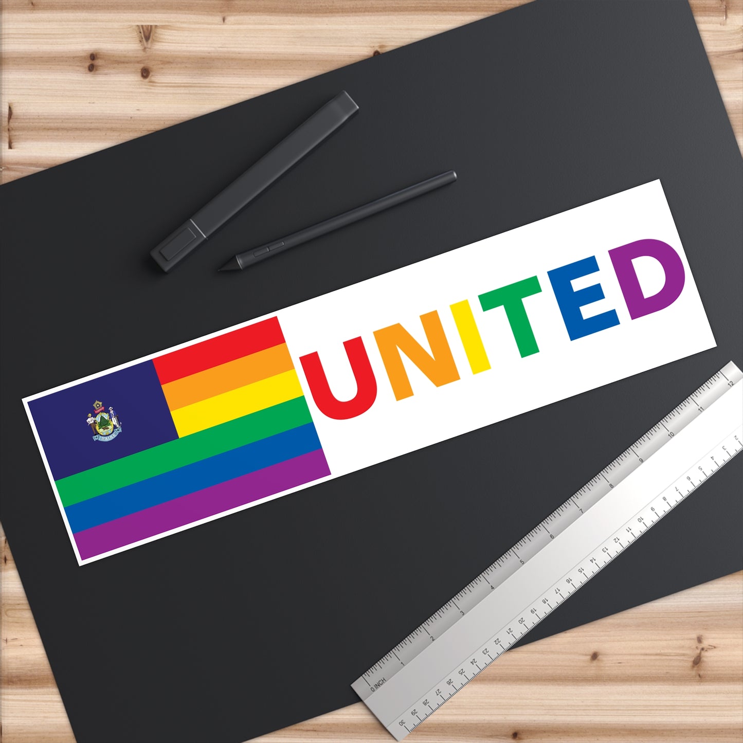 Maine Rainbow Pride Flag "UNITED" Bumper Sticker