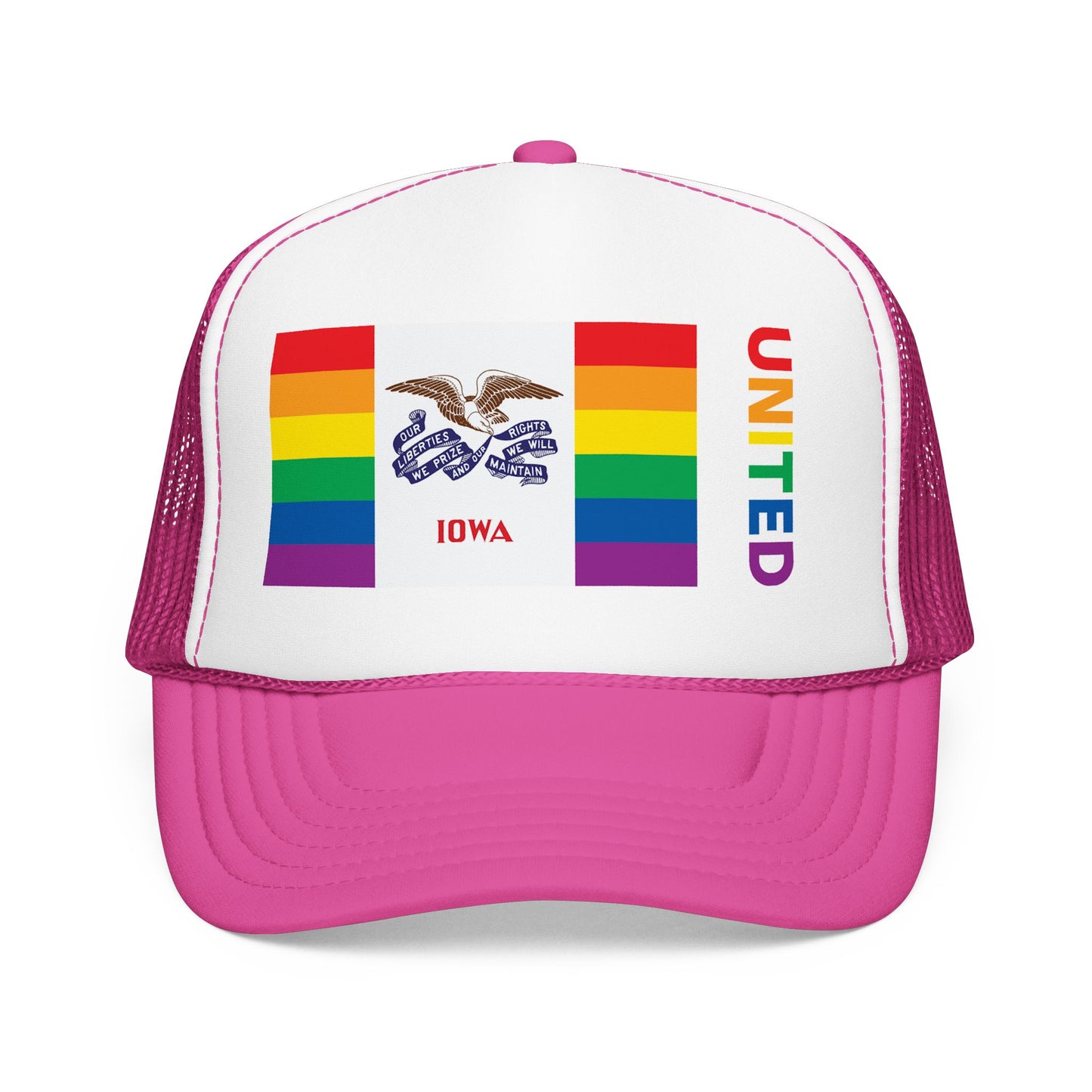 Iowa Rainbow Pride Flag "UNITED" Printed Foam Trucker Hat, Several Color Options