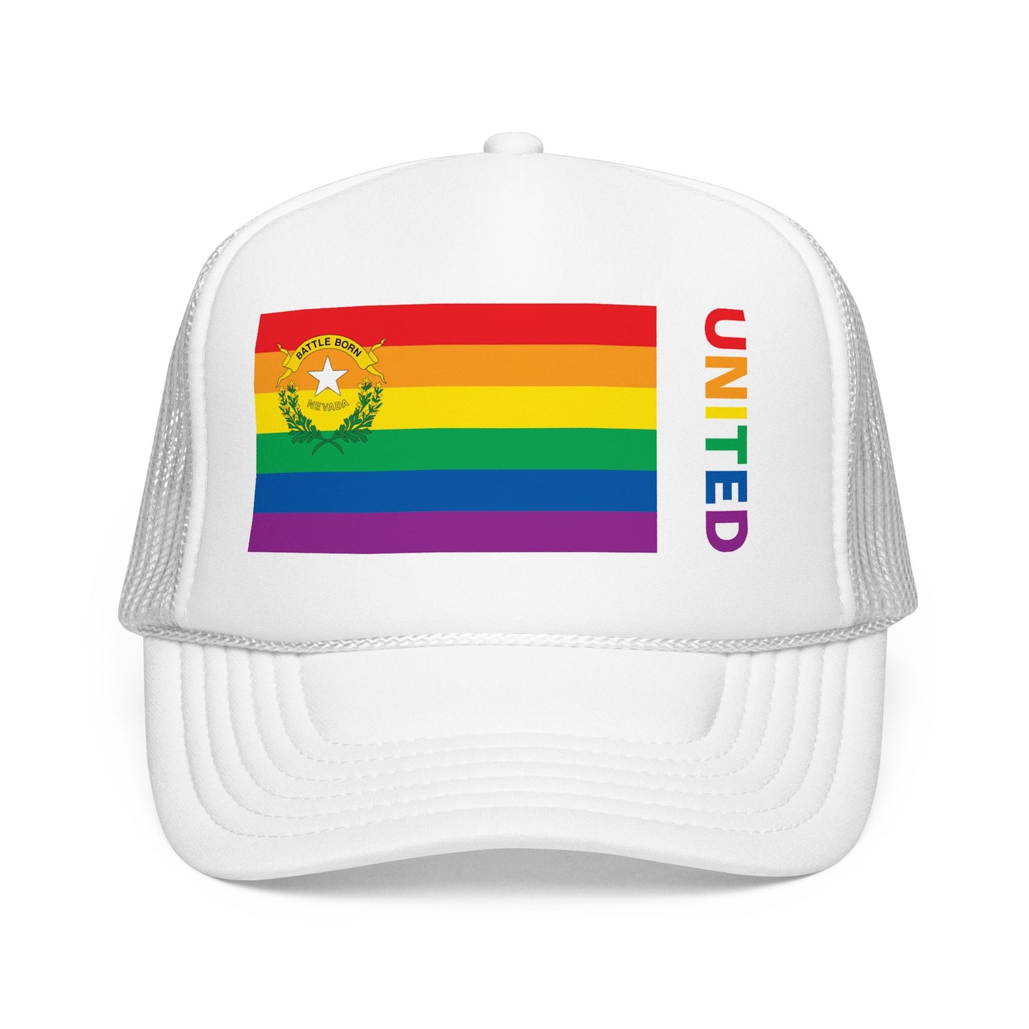 Nevada Rainbow Pride Flag "UNITED" Printed Foam Trucker Hat, Several Color Options