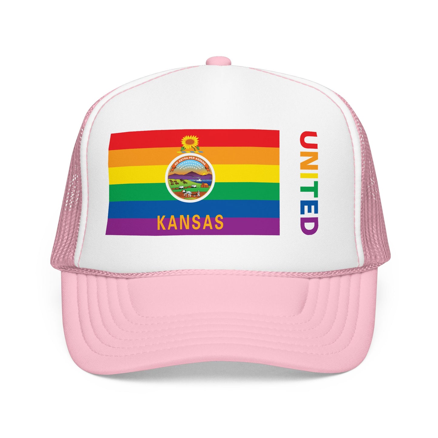 Kansas Rainbow Pride Flag "UNITED" Printed Foam Trucker Hat, Several Color Options