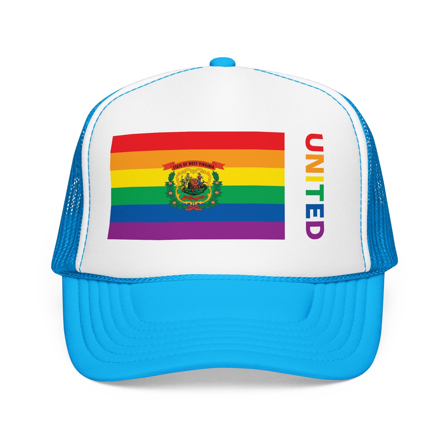 West Virginia Rainbow Pride Flag "UNITED" Printed Foam Trucker Hat, Several Color Options