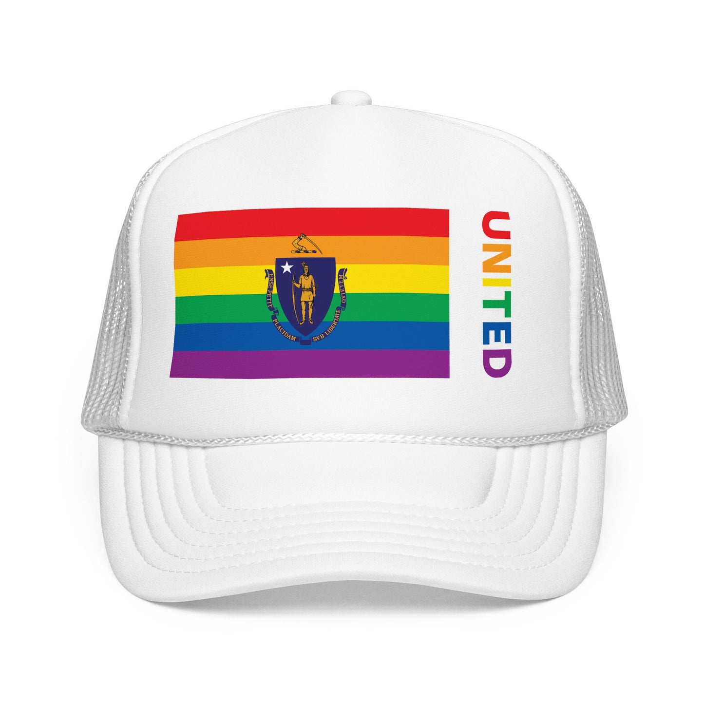 Massachusetts Rainbow Pride Flag "UNITED" Printed Foam Trucker Hat, Several Color Options