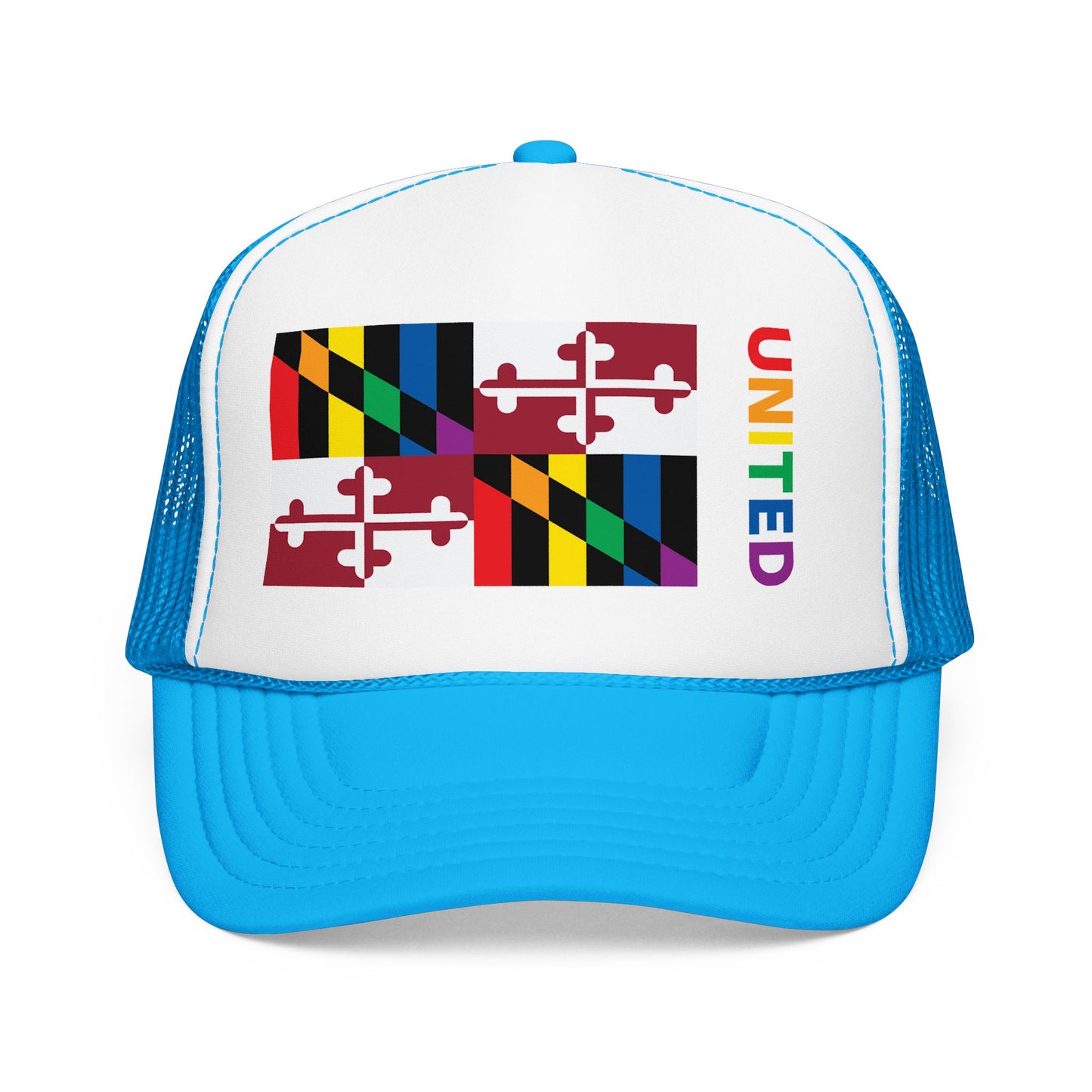 Maryland Rainbow Pride Flag "UNITED" Printed Foam Trucker Hat, Several Color Options
