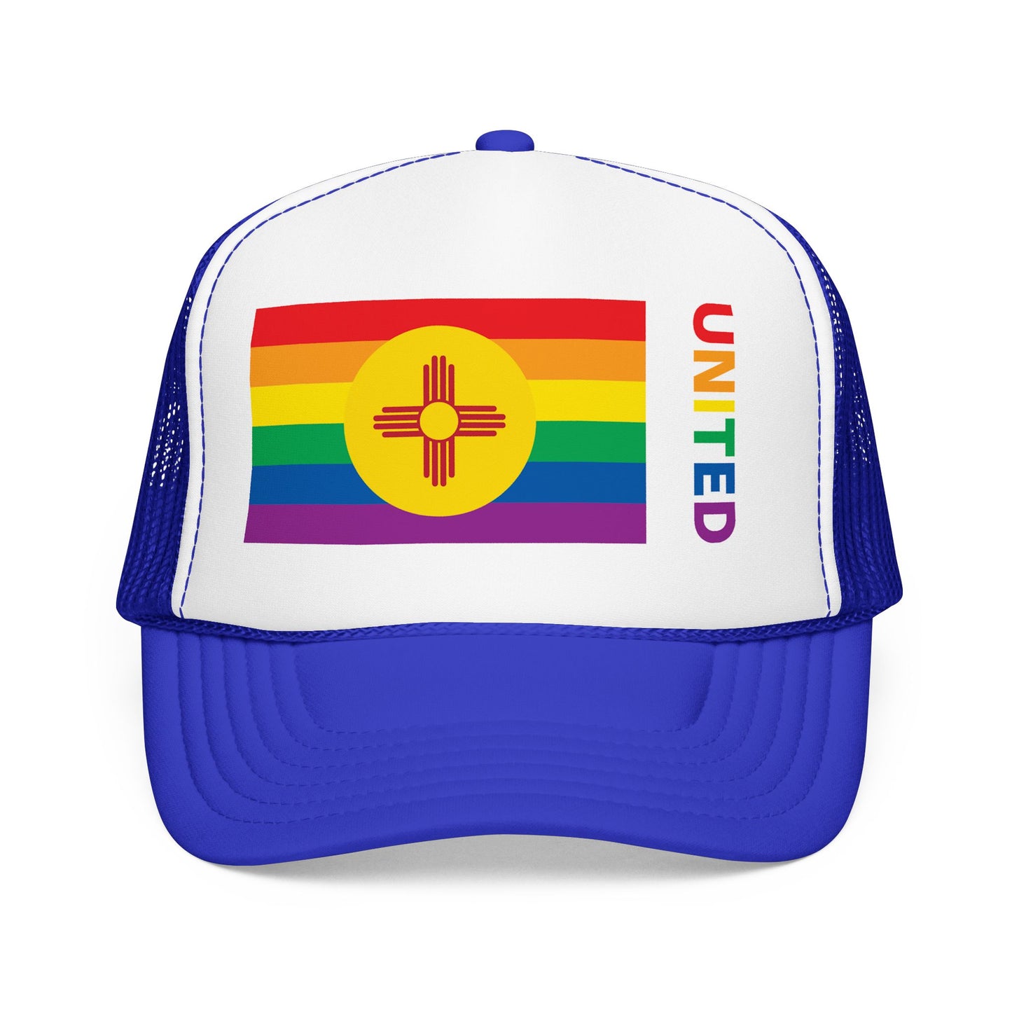 New Mexico Rainbow Pride Flag "UNITED" Printed Foam Trucker Hat, Several Color Options