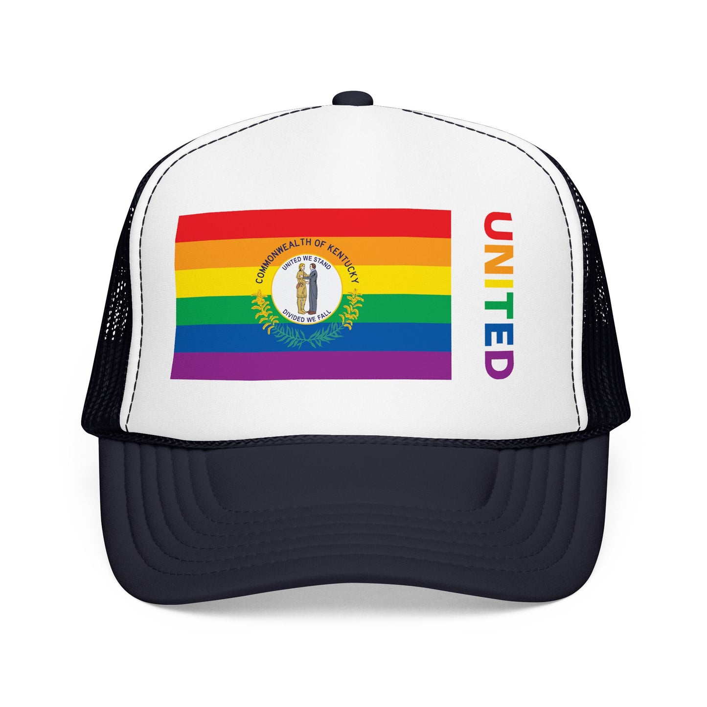 Kentucky Rainbow Pride Flag "UNITED" Printed Foam Trucker Hat, Several Color Options