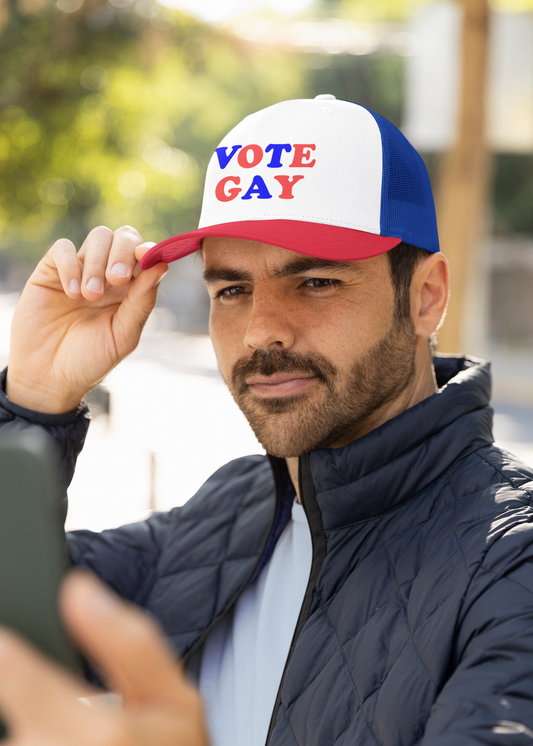 VOTE GAY Trucker Cap: Red, White & Blue — LGBTQIA+ Rights & Equality Statement Hat