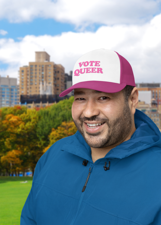 VOTE QUEER Trucker Cap: Pink — Queer Visibility & Voter Power Statement Hat