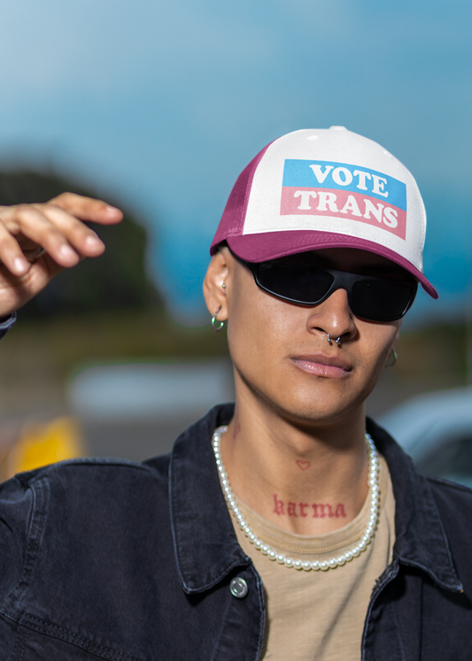 VOTE TRANS Stripes Trucker Cap — Pro-Trans Rights Statement Hat