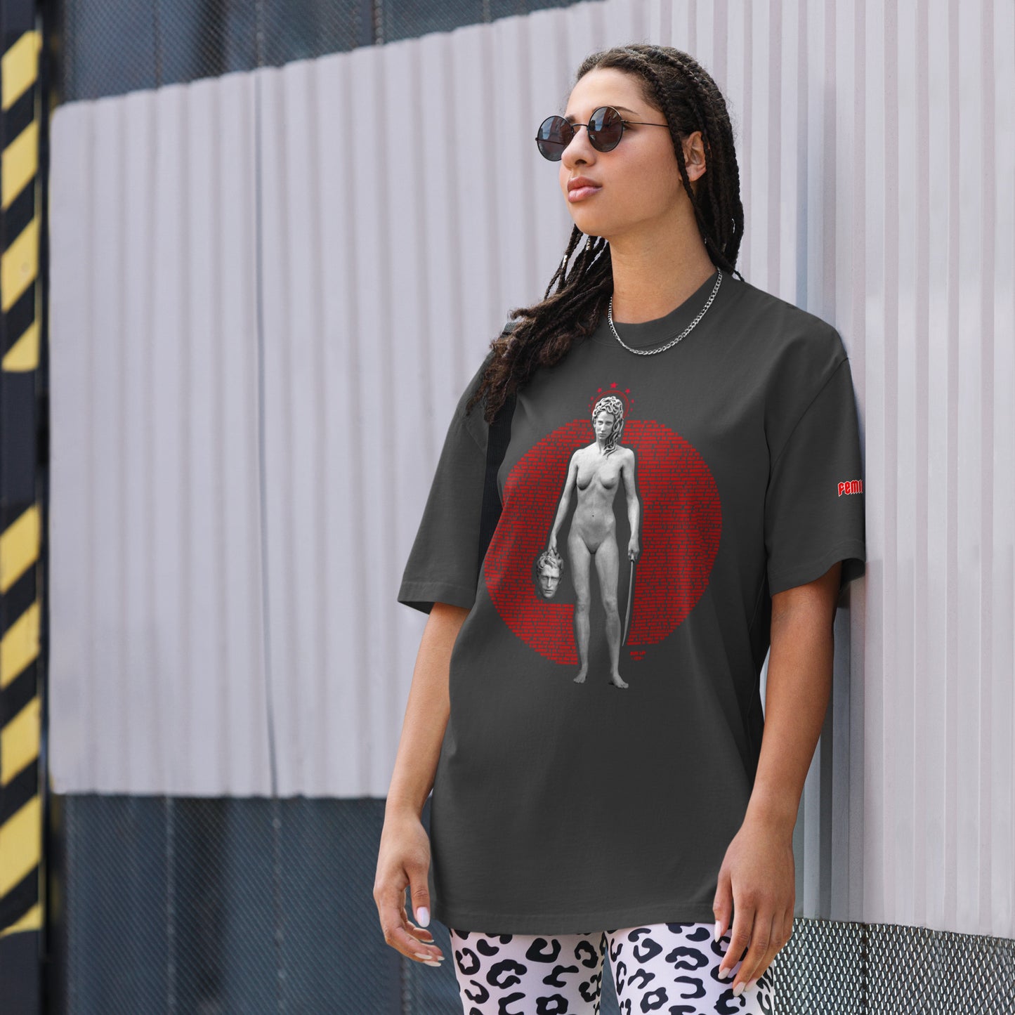 Feminist Manifesto 1914 Oversized faded t-shirt - Red, Black and White Deco on Faded Black