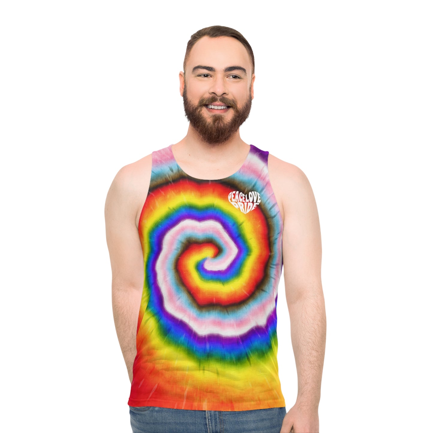 LOVE PEACE PRIDE Tank Top - progress pride tie-dye deco