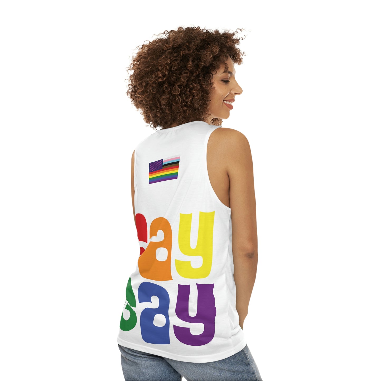 SAY GAY Tank Top - rainbow twister,  pink triangle + progress stripes flag deco