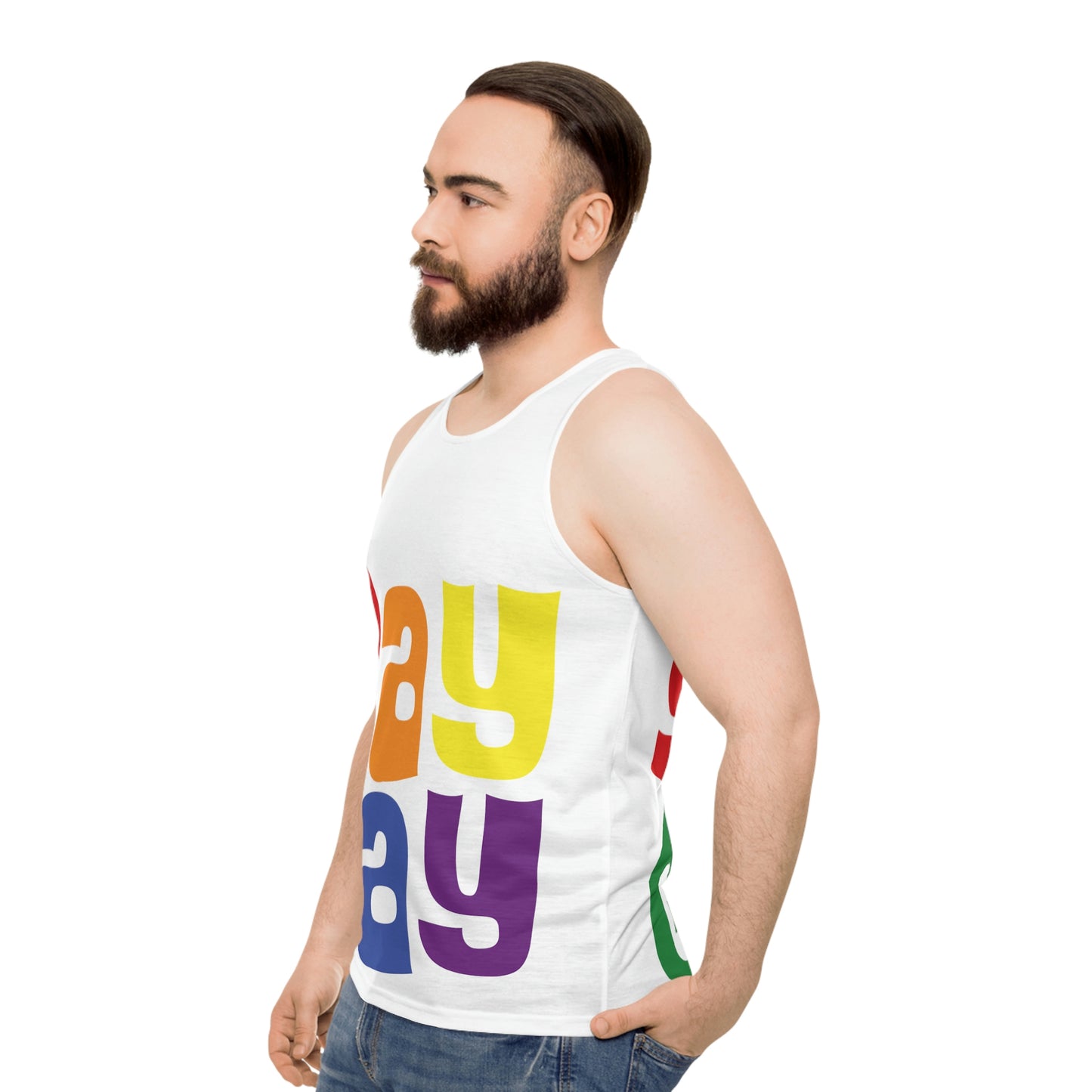 SAY GAY Tank Top - rainbow twister,  pink triangle + progress stripes flag deco