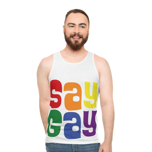 SAY GAY Tank Top - rainbow twister,  pink triangle + progress stripes flag deco