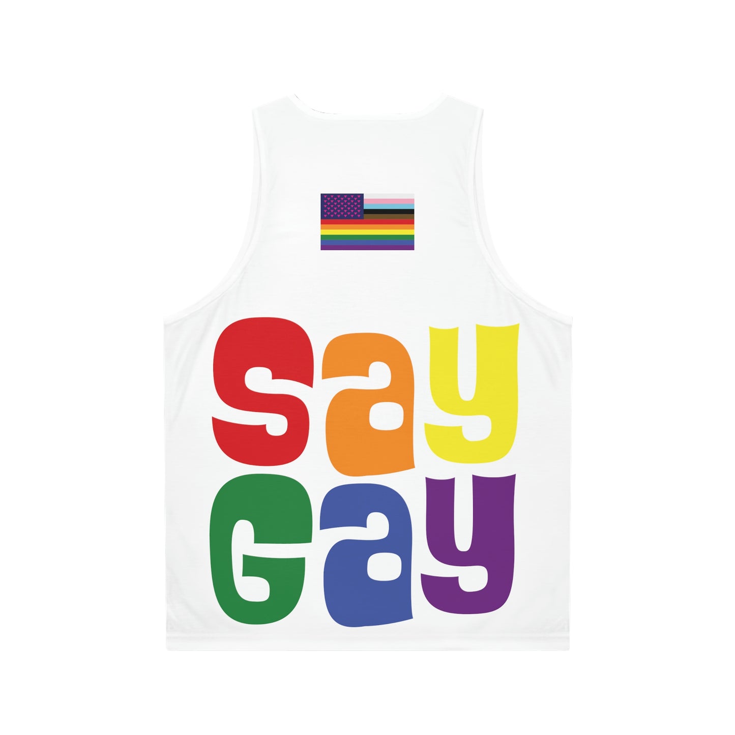 SAY GAY Tank Top - rainbow twister,  pink triangle + progress stripes flag deco