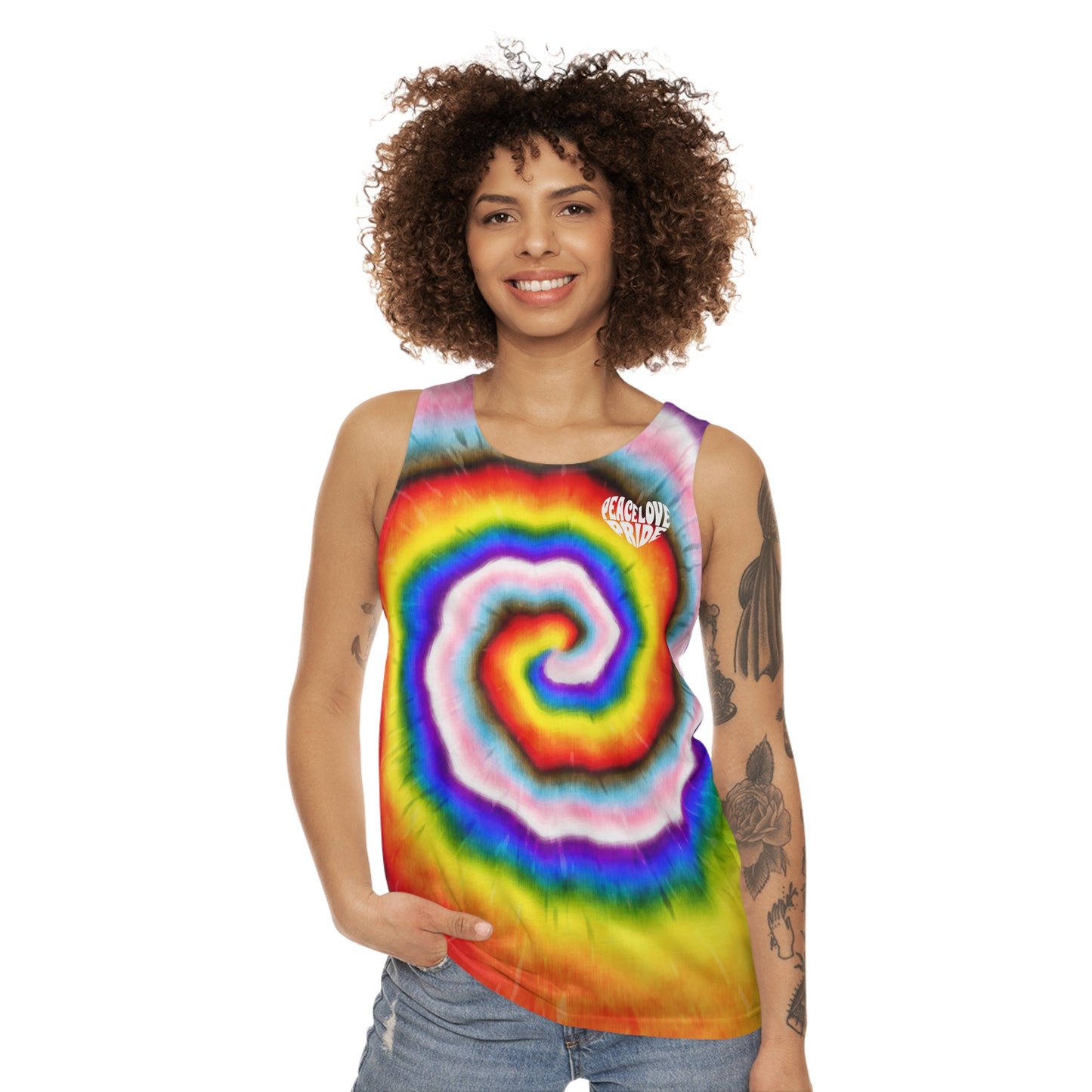 LOVE PEACE PRIDE Tank Top - progress pride tie-dye deco