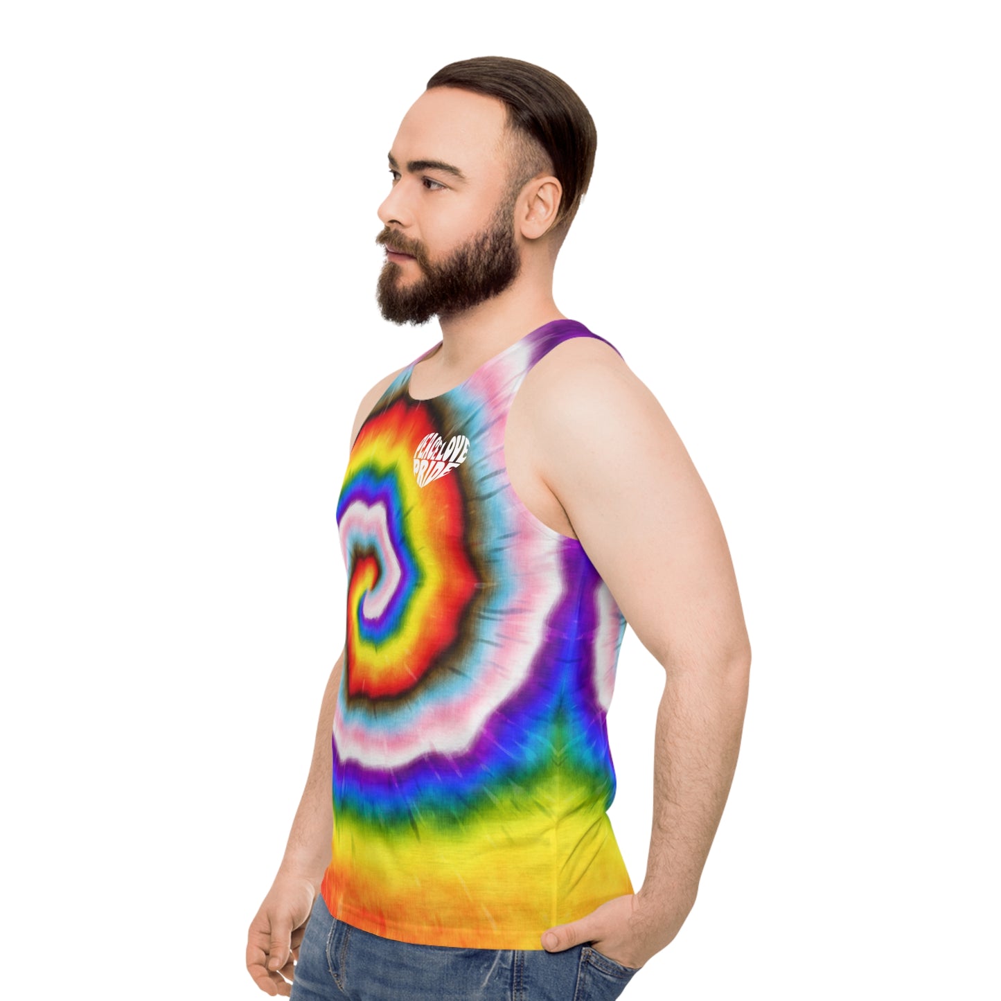 LOVE PEACE PRIDE Tank Top - progress pride tie-dye deco