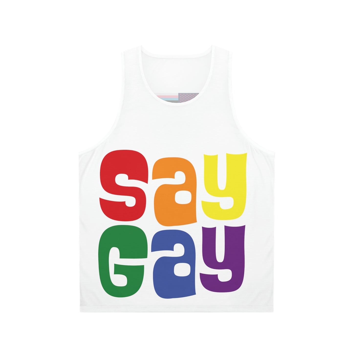 SAY GAY Tank Top - rainbow twister,  pink triangle + progress stripes flag deco