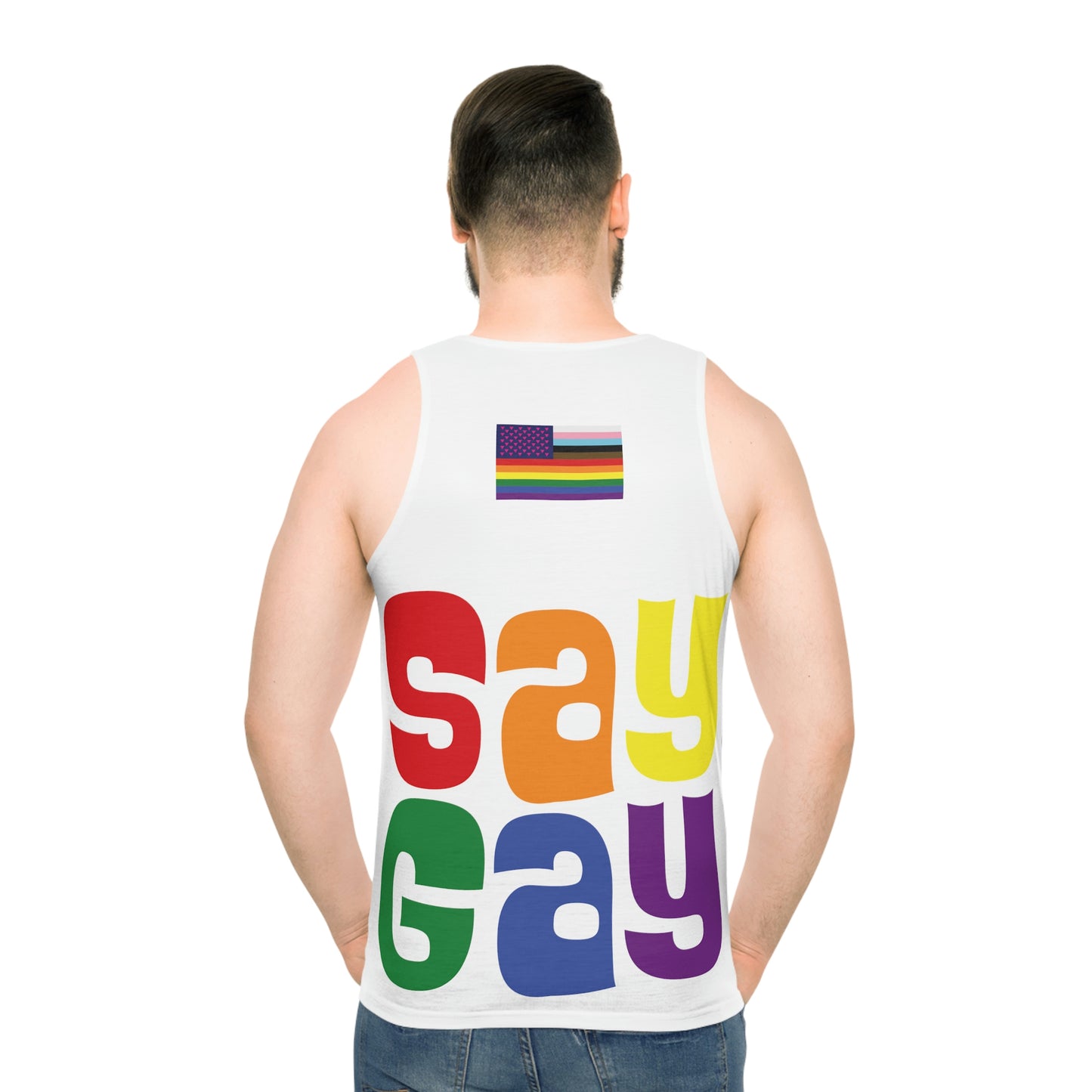 SAY GAY Tank Top - rainbow twister,  pink triangle + progress stripes flag deco