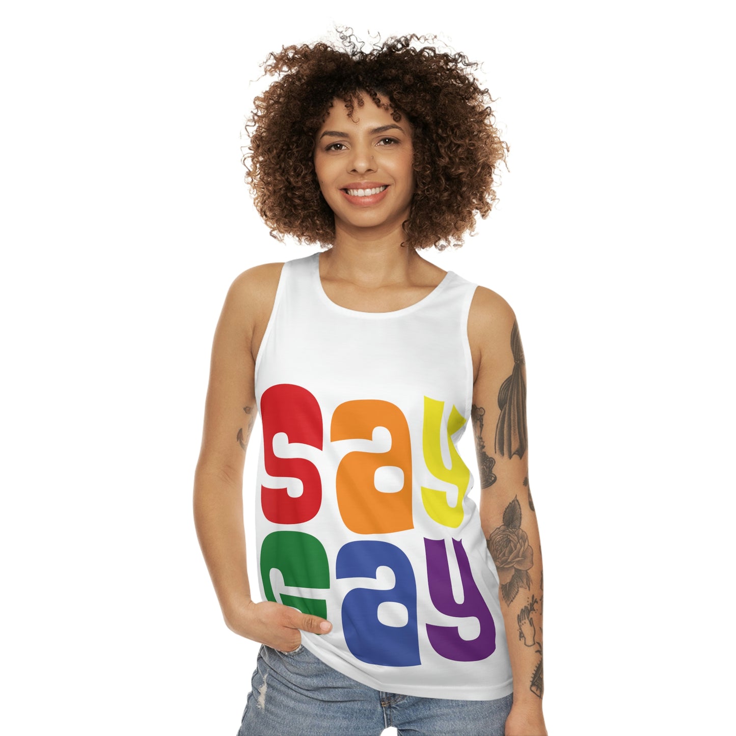 SAY GAY Tank Top - rainbow twister,  pink triangle + progress stripes flag deco