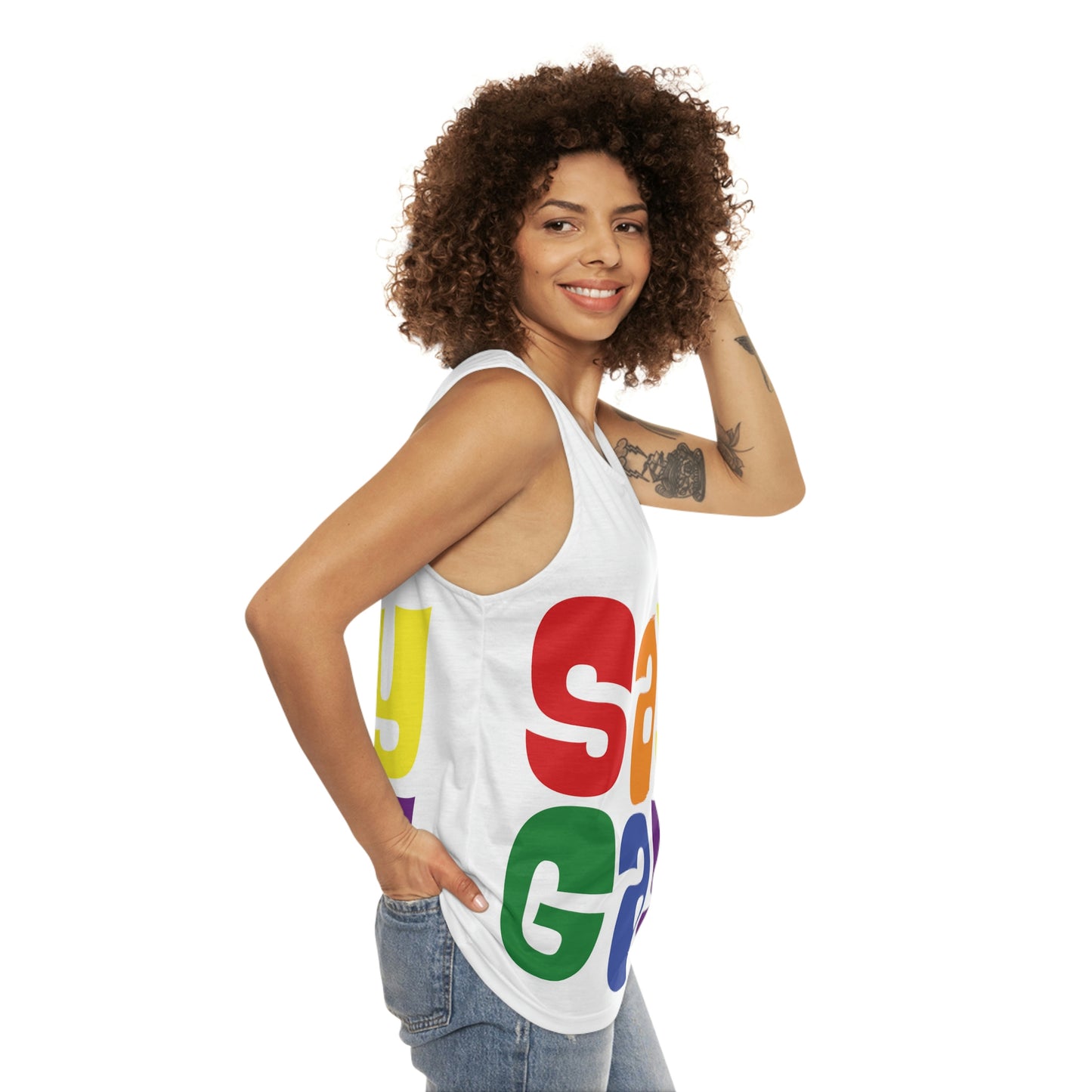 SAY GAY Tank Top - rainbow twister,  pink triangle + progress stripes flag deco